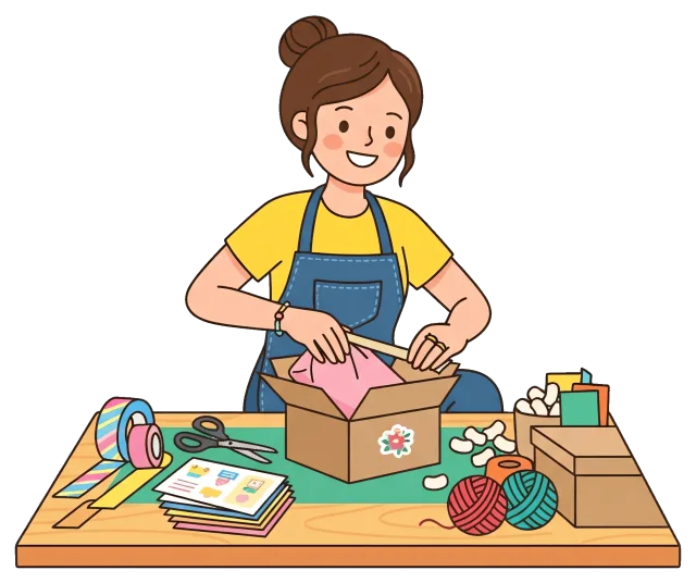Small business owner packing orders at a wooden table