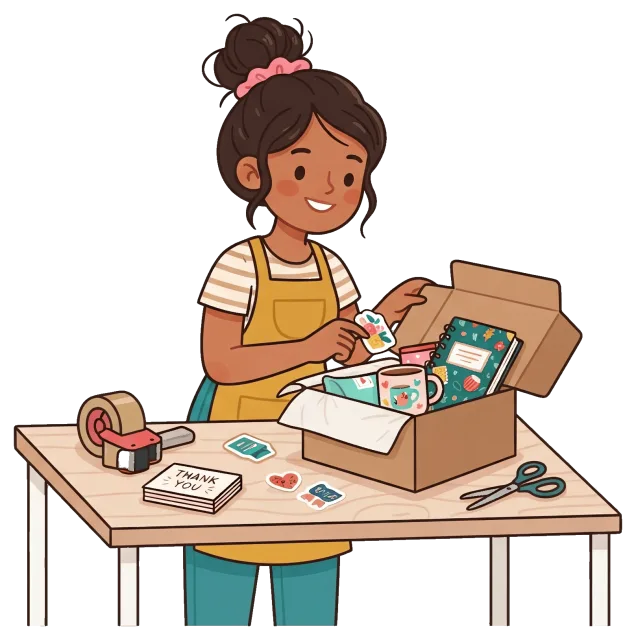 Small business owner packing orders with stickers and gifts