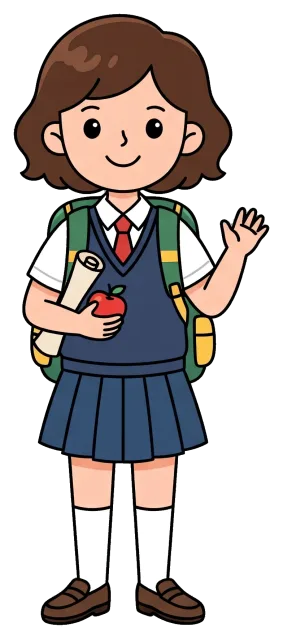 Student standing with backpack holding apple and paper