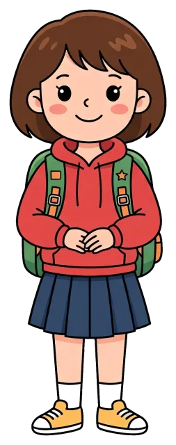 Student with backpack wearing red hoodie and blue skirt