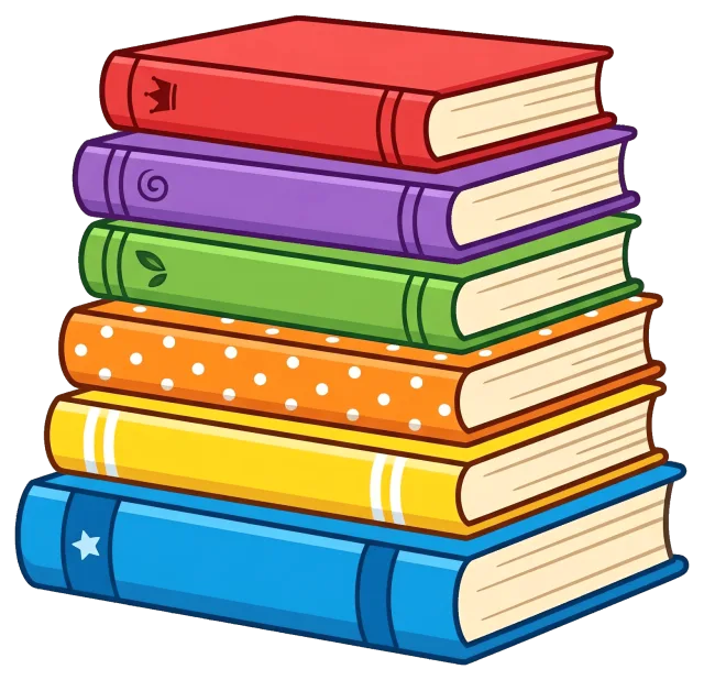 Colorful stack of six books with decorative covers