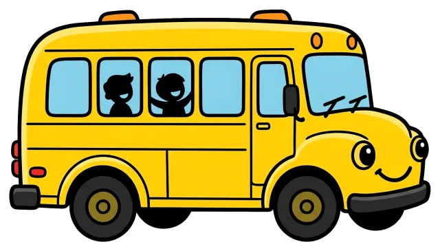 Yellow school bus with smiling face and children inside