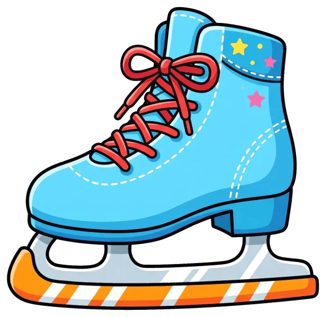 Blue ice skate with red laces and colorful star decorations