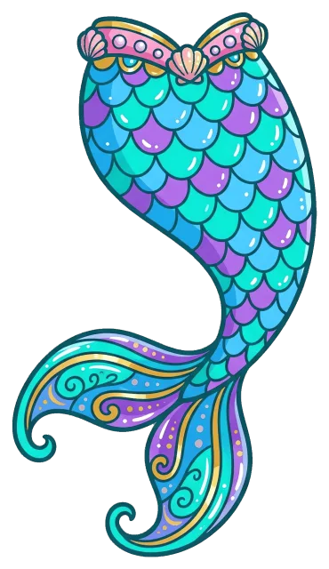 Colorful mermaid tail with decorative scales and seashells
