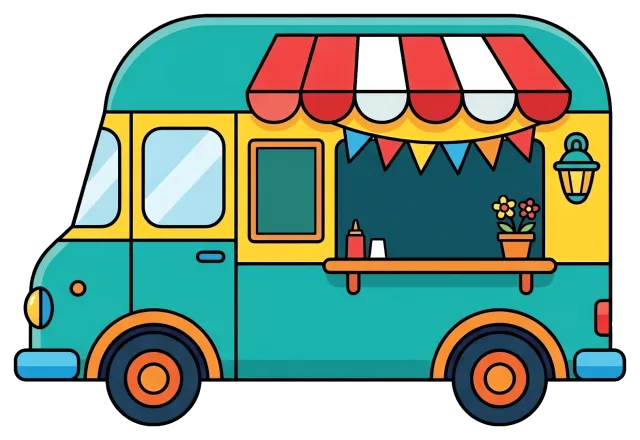 Colorful food truck with serving window and decorations