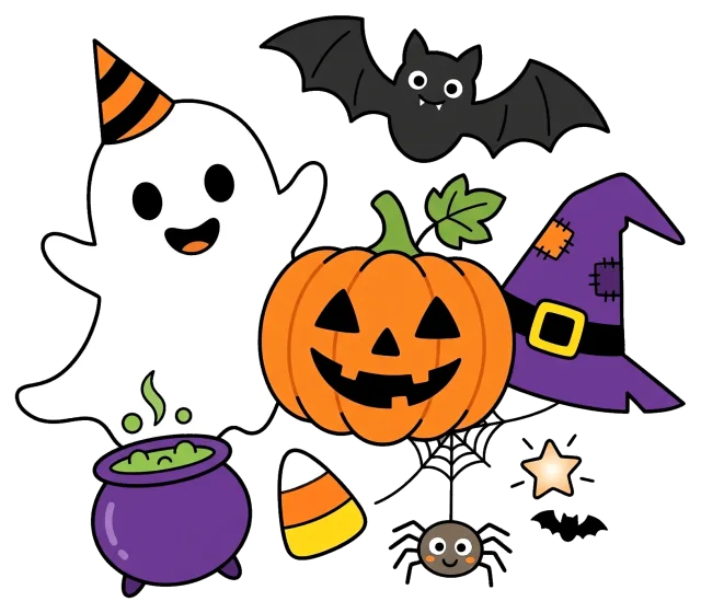 Cute Halloween characters with pumpkin, ghost, and witch hat
