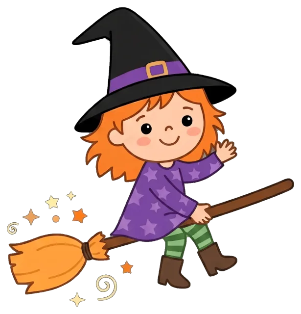 Cute Halloween Witch Girl Flying on Broomstick