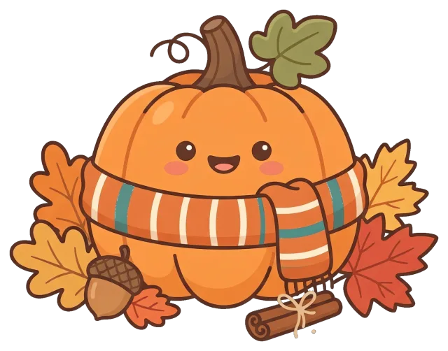 Cute pumpkin with scarf and autumn leaves