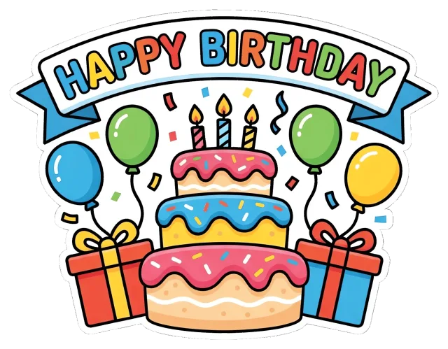 Happy birthday cake with balloons and gifts