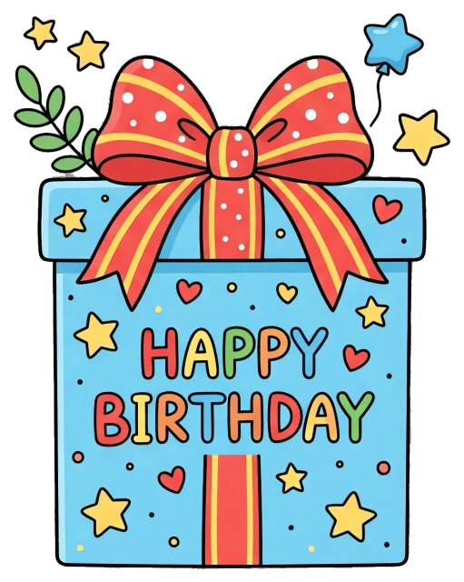 Happy Birthday Gift Box with Red Bow and Colorful Stars