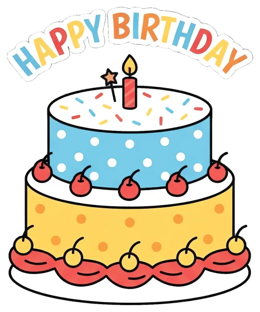 Happy Birthday Two-Tier Cake with Candle and Cherries