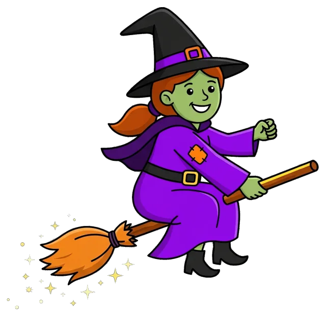 Happy witch flying on broomstick in purple outfit