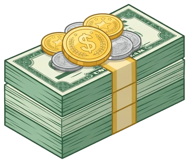 Stack of dollar bills with gold and silver coins