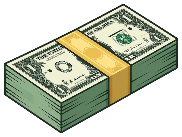 Stack of one dollar bills with a yellow band
