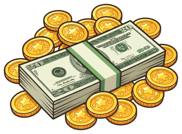 Stack of twenty dollar bills with gold coins