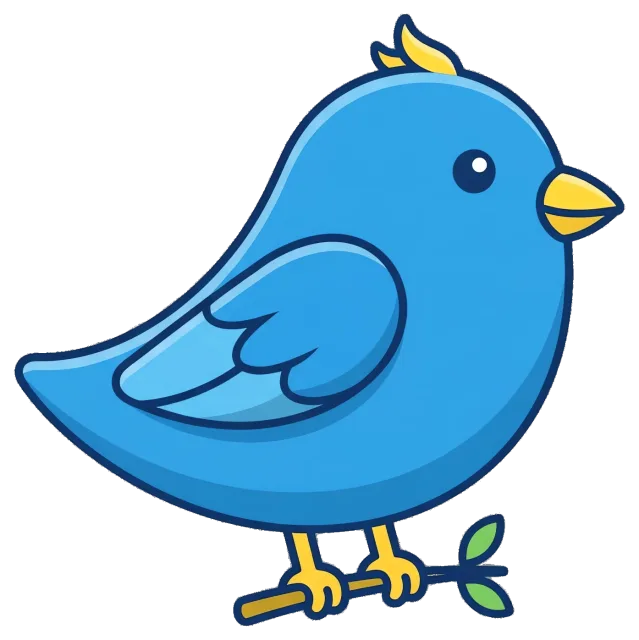 Cute blue cartoon bird perched on a small branch