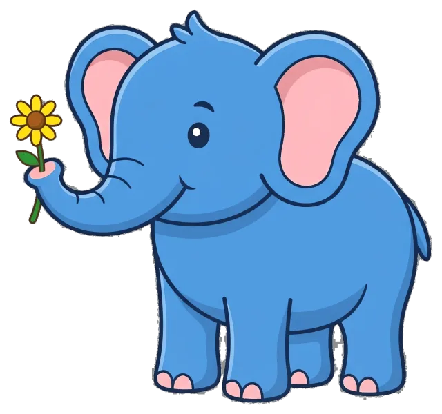 Cute blue cartoon elephant holding a yellow flower