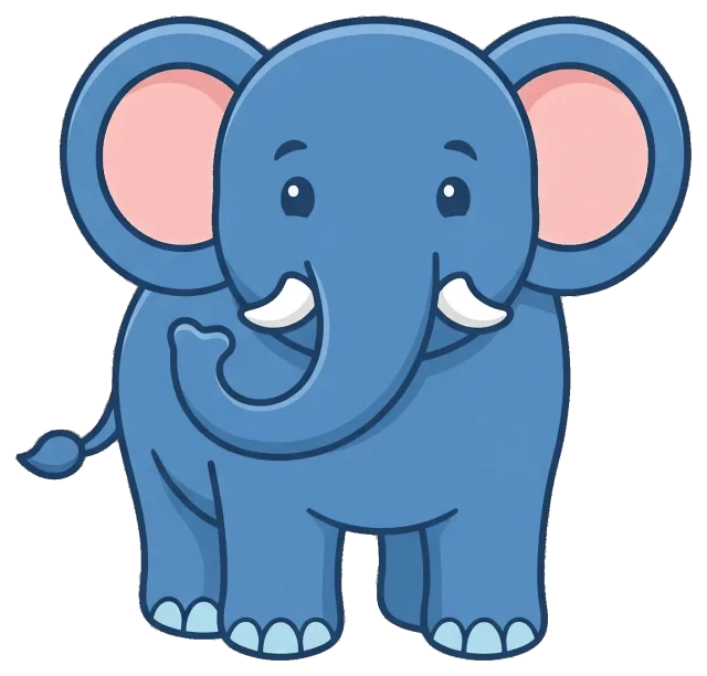 Cute blue cartoon elephant with large ears and small tusks