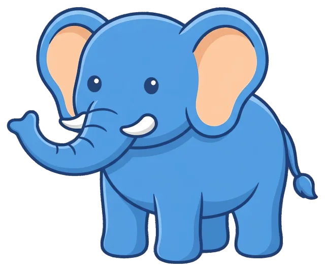 Cute blue cartoon elephant with raised trunk