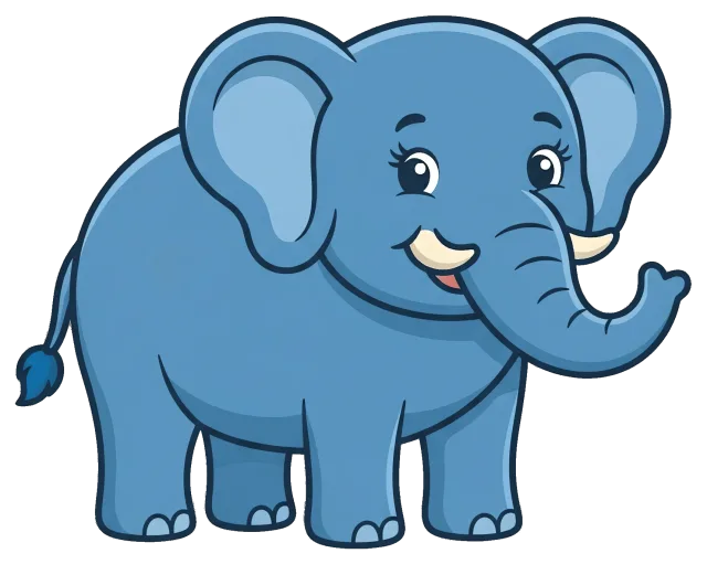 Cute blue cartoon elephant with tusks and big ears