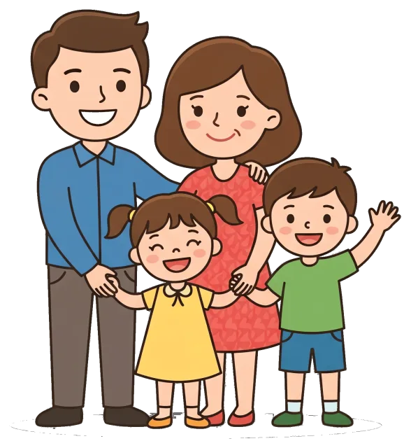 Happy cartoon family of four holding hands