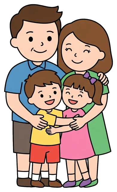 Happy cartoon family of four hugging together