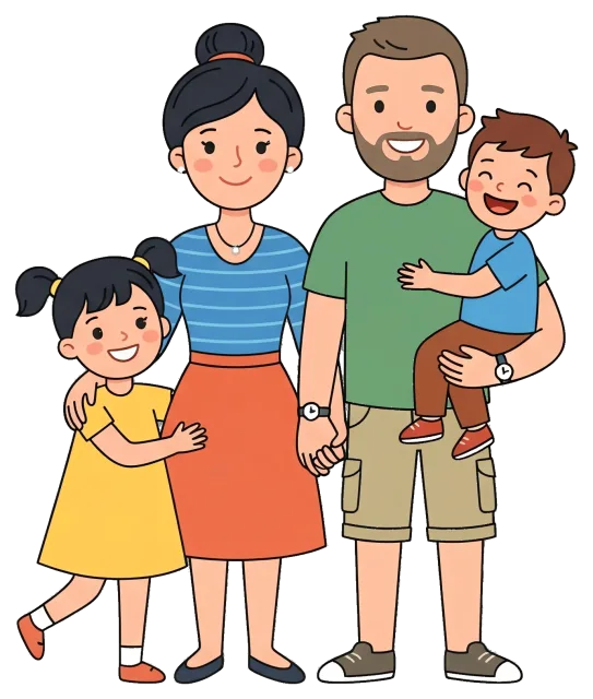Happy family with parents and two children standing together