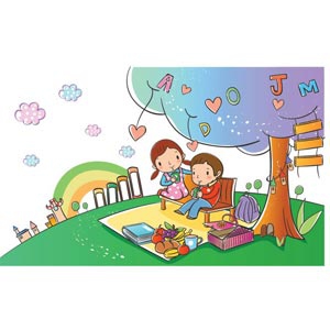 Children clip art on picnic in green horizon park vector free