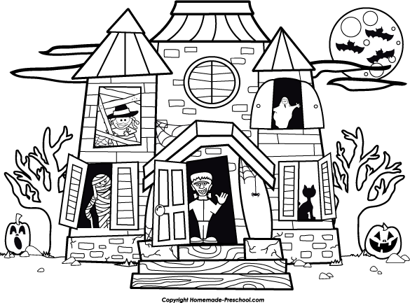 Halloween  black and white haunted house clipart