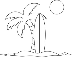 Beach  black and white coloring pages clipart image surfboard and palm tees on a