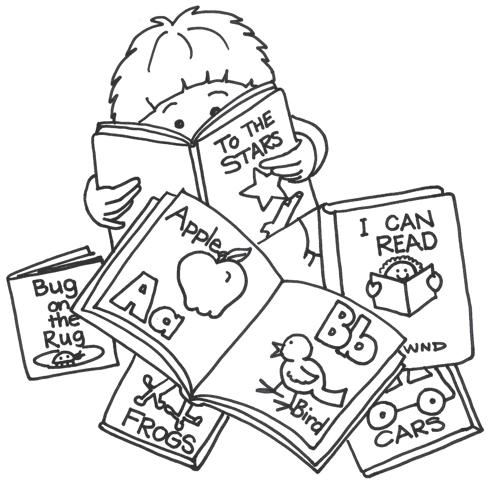 Child reading reading book black and white clipart