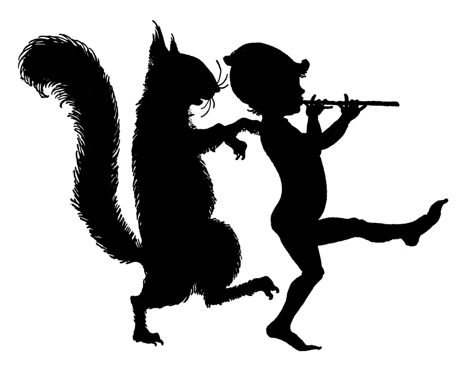 Elf  black and white vintage clip art elf with squirrel silhouettes the graphics
