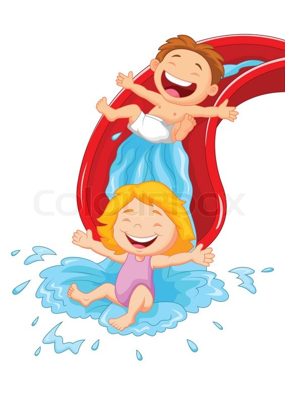 Vector happy children cartoon on water slide clipart