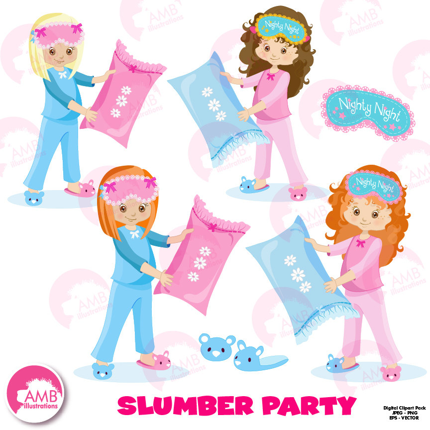 Slumber party girls sleep over pyjama clipart birthday