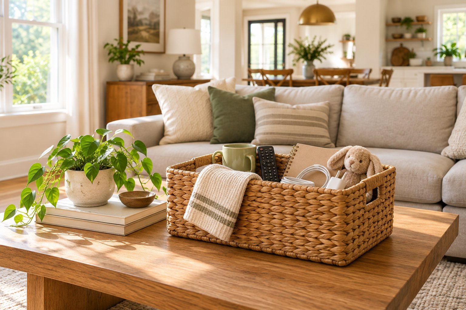 Basket containing several misplaced household items ready to be returned