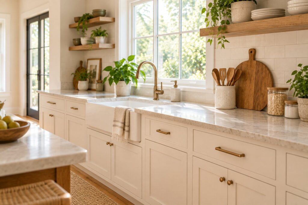 Clean, cleared everyday surface such as kitchen counter or dining table
