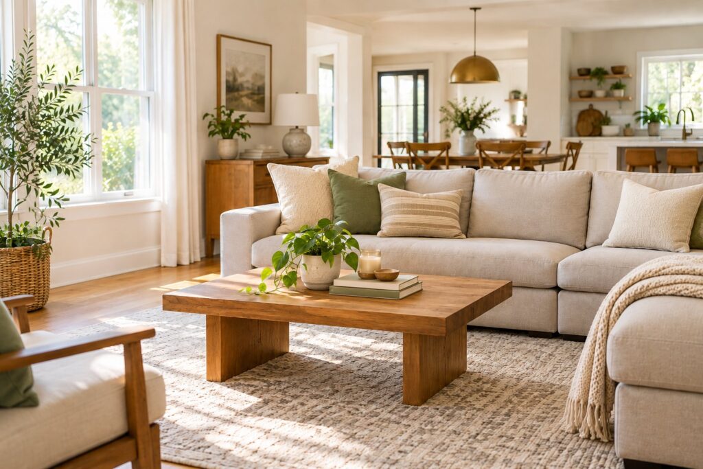 Neat but realistic living room after a simple reset