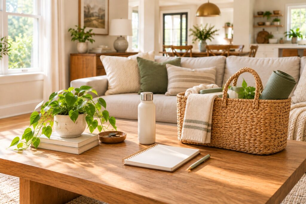 Small preparation area for the coming week basket, planner, shopping list, reusable bags
