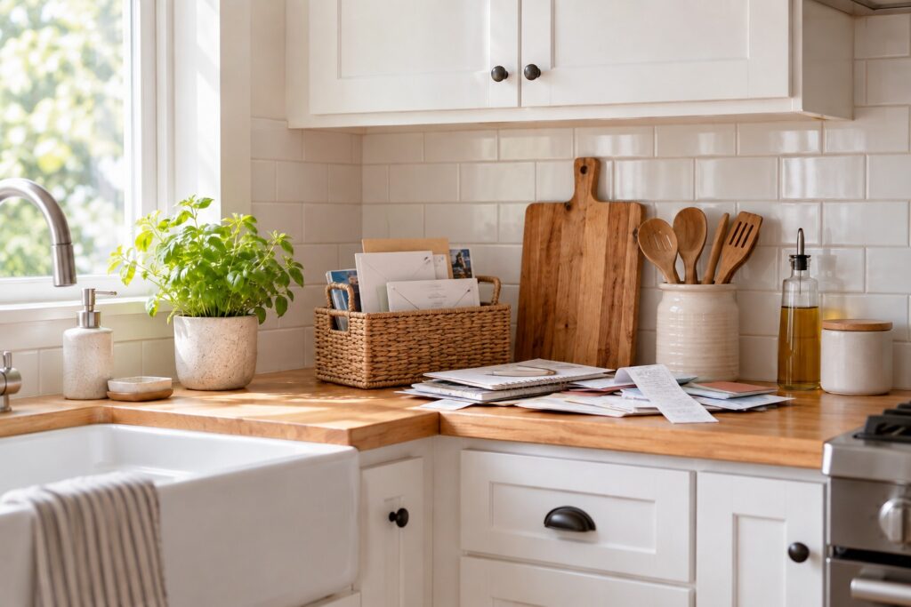 kitchen with mail, receipts and woven organizer