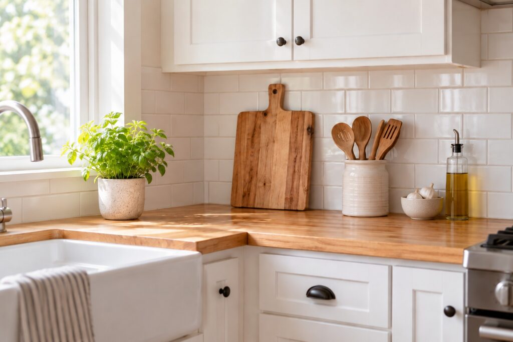 tidy kitchen with cutting board, utensil crock and oil bottle