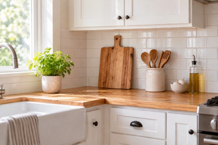 tidy kitchen with cutting board, utensil crock and oil bottle