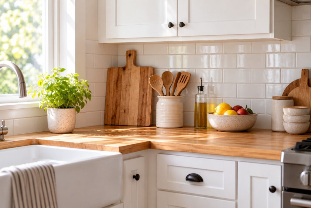 with fruit bowl and neatly grouped kitchen essentials